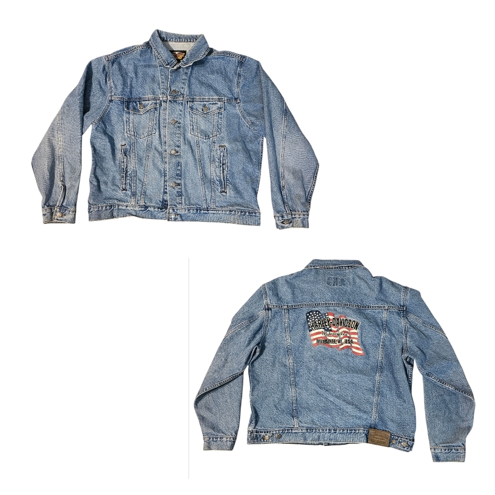 Vtg Harley Davidson Denim Jean Jacket Mens Size XL American Flag Back Graphic